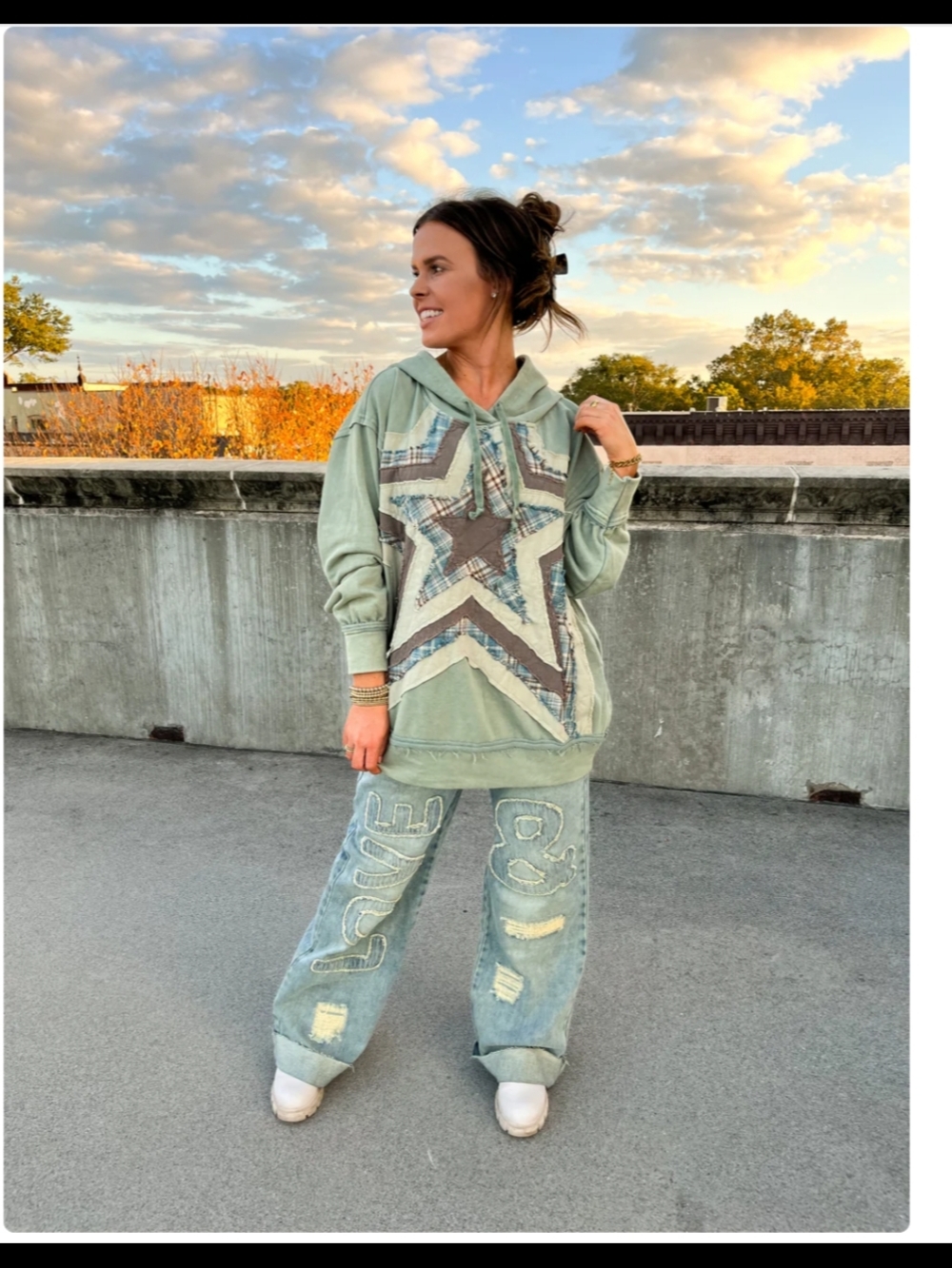 OLI &HALI Distressed Stellar Vibes Oversize Patchwork Hoodie Sz Large